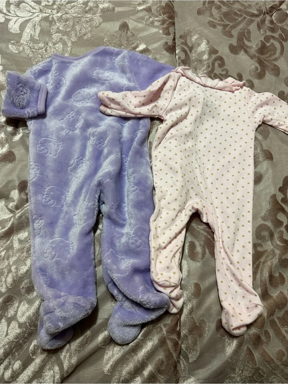 Hello Kitty Lavender Plush Footed One-Piece & Pink Polka Dot Ruffle Sleepers Set